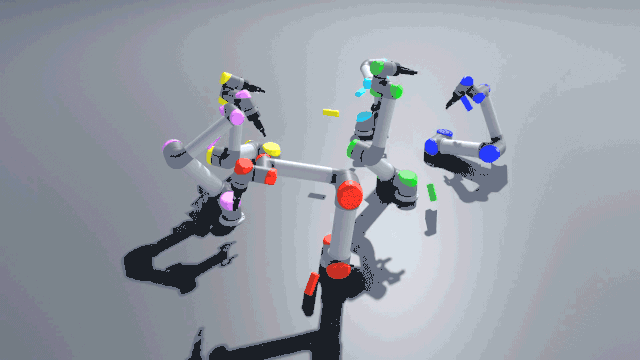 Six arms coordinated pick and place